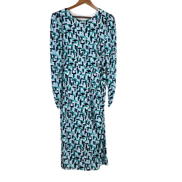 Eliza J NWT Abstract Print Long Sleeve Ruched Sheath Dress Size 8 Blue Teal Gray - Picture 1 of 10